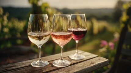 Three wine glasses sit on a wooden surface outdoors at sunset.