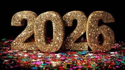 A sparkling golden 2026 stands out against a backdrop of colorful confetti, perfect for celebrating New Year's Eve or milestone events, Ideal for invitations, party decor, and festive promotions,