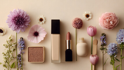 blank cosmetics products containers, beauty product display, Cosmetics and flowers on white background, flat lay. Beauty concept, Different makeup cosmetics and flowers,  Female accessories.
