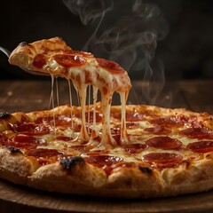 Cinematic high-detail shot of a hot pepperoni pizza with cheese stretching as a slice is lifted, crispy pepperoni edges, steam rising, dark rustic background, studio food photography style.