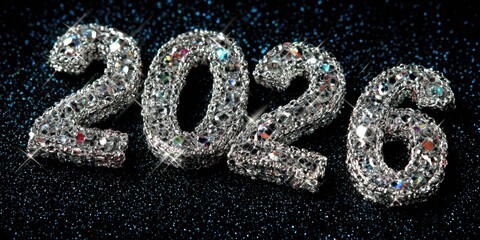 Sparkling digits '2026' made of shimmering crystals against a dark glittery background, ideal for New Year's celebrations, event promotions, or themed graphics