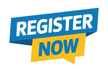 A blue and yellow banner with the words "REGISTER NOW" written in white and yellow text, respectively, is displayed against a white background.