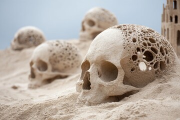 Obraz premium Neurotransmitter Sand Sculptures on Skeletal Beach: Craft neurotransmitter sand sculptures along a skeletal shore.