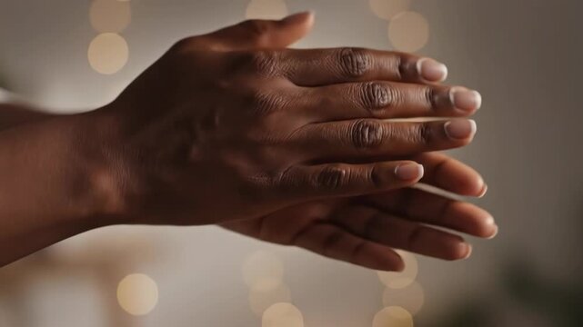 Close-up of a Black person's hands clapping in slow motion. Gentle applause gesture against a warm bokeh background. Skincare and appreciation concept