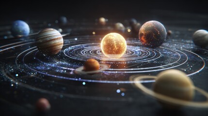 Glowing solar system model with orbiting planets and sparkling dust.