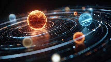 Abstract glowing orbs and orbital lines against dark background