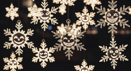 Smiling snowflake ornaments hanging in the air creating a festive atmosphere