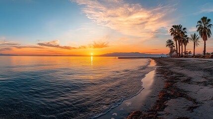 Sunset over calm sea, beach with palm trees, peaceful evening.  Travel postcard.