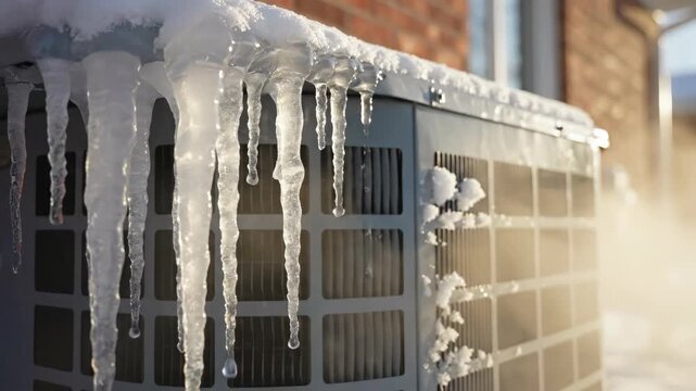 A frozen air conditioner unit covered in snow and icicles. Ice melts and drips as the heat pump runs a defrost cycle in winter. HVAC maintenance in cold weather