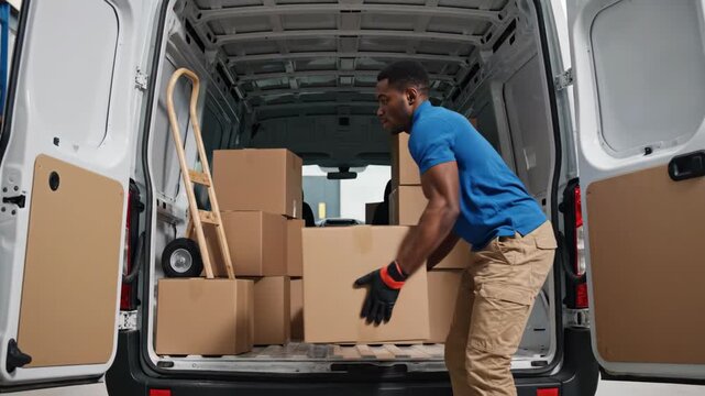 A delivery man loading cardboard boxes into a commercial van. Professional mover stacking packages for shipping. Logistics and transportation service concept