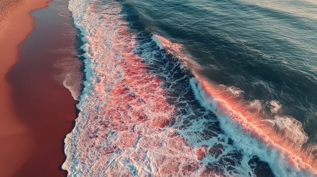 Aerial view of ocean wave crashing onto reddish sand beach at sunset.