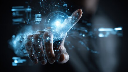 Human finger interacts with glowing blue digital network interface