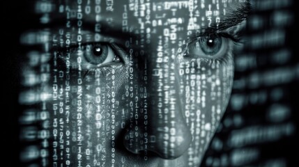 Close up of human eye overlaid with digital code matrix effect