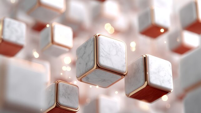 Isometric 3D floating geometric orbs in diamond and hexagon shapes - Powered by Adobe