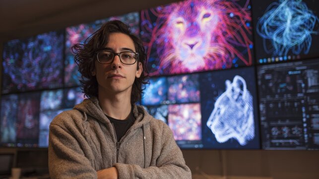 Young man in hoodie stands before glowing digital screens.