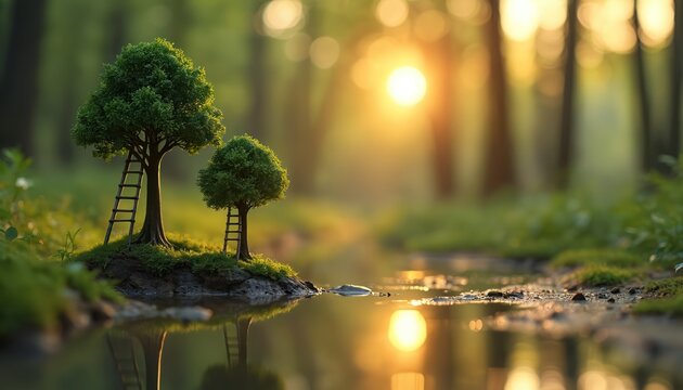 Miniature trees with ladders on small island in forest stream. Small pond reflects sunset light. Peaceful green forest scene with calm water and golden hour sunlight.