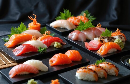 Variety of fresh Japanese sushi and sashimi platters arranged artfully. Includes salmon tuna shrimp nigiri and rolls. Garnished with wasabi and greens. Delicious seafood meal.