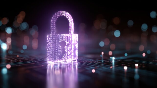 Glowing digital padlock icon floats above a dark circuit board background.