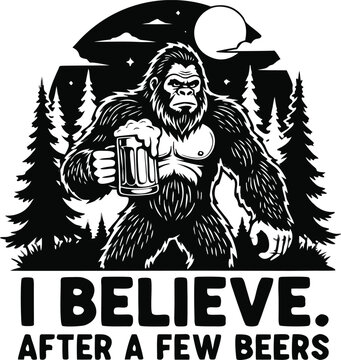 Bigfoot holding a beer mug in a forest scene t-shirt design