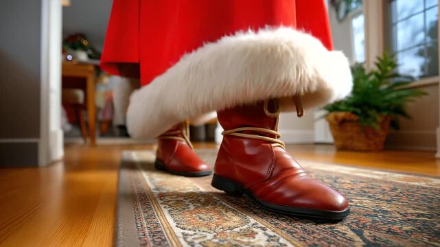 Santa&rsquo;s boots and lower coat hem stepping onto a rug, faceless angle, shallow depth of field emphasizing movement, with copy space