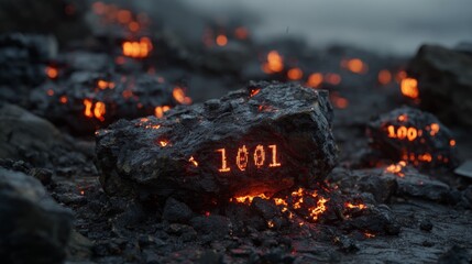 Photorealistic molten alloy with floating binary code