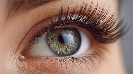 Extreme close-up of a human eye showing iris texture and long eyelashes.