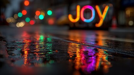 Neon JOY sign reflection on wet street pavement