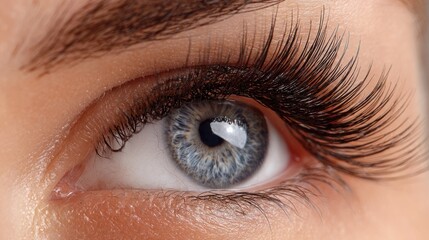 Obraz premium Extreme close up of a human eye with long dark eyelashes and blue iris.