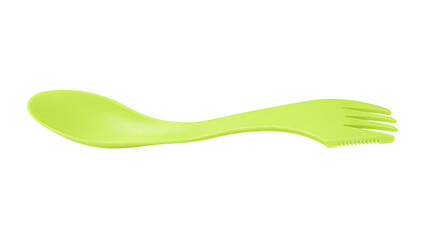 Green plastic spork isolated on white background, camping cutlery utensil.