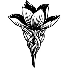 Stylized woodcut vector flower with braided roots, symbolizing growth, peace, and unity for human rights and dignity.