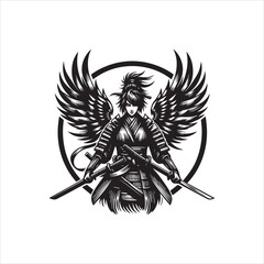 vector logo illustration of a female samurai with wings and swords