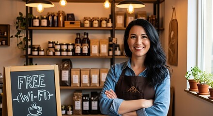 Happy female shopkeeper welcomes customers to her charming local store