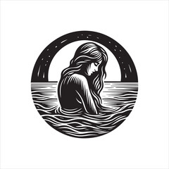 Captivating stylized woman with flowing hair immersed in water, rendered as a serene black and white artistic vector logo illustration