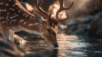 Spotted deer with antlers drinks water in warm backlit natural setting