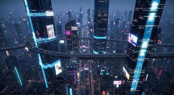 Futuristic Cyberpunk Cityscape with Neon Lights and Elevated Transportation.
