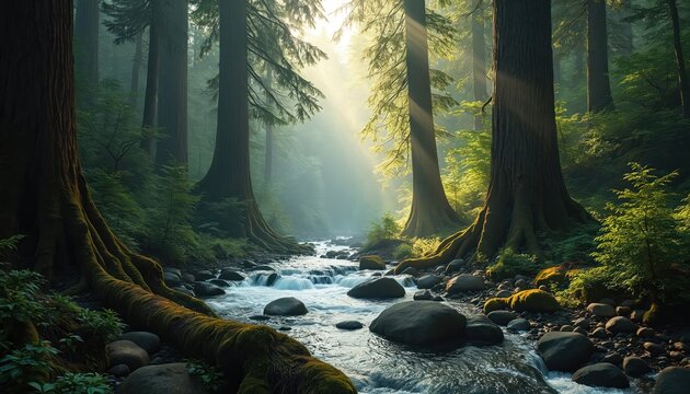 Sunlight streams through tall ancient trees in a dense forest. A clear river flows over rocks in a rich green natural environment. The peaceful woodland scene offers a sense of calm.