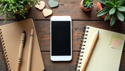 Desk setup with eco-friendly office essentials. Smartphone notebook pen and sticky notes lay on wooden surface. Green plants and decorations complete the eco friendly office.