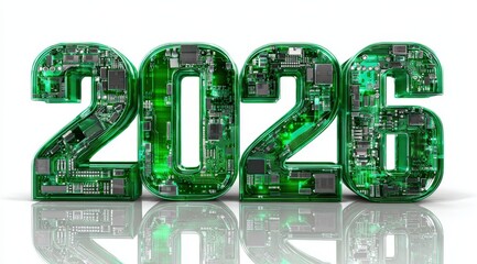 The image features the year 2026 designed with green circuit patterns, symbolizing technology and innovation, It can be used for promotional materials related to future tech trends, conferences