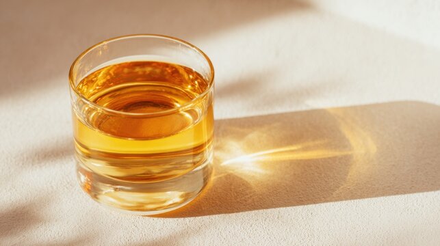 Golden drink in a glass on table