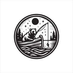 Outdoor adventure emblem of a grizzly bear fishing on a lake at night, a vintage vector logo illustration