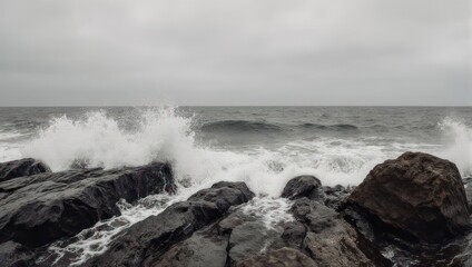 Crashing Waves on Rocky Shoreline - A Dramatic Seascape.