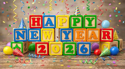 Happy new year 2026 colorful blocks celebration