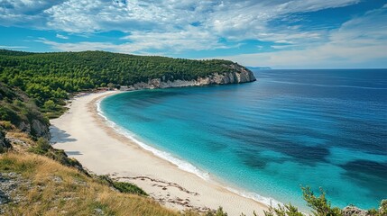 Secluded cove beach, turquoise water, sunny day, green hills. Travel brochure, website.