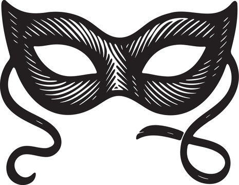 Linocut illustration of a sensual masquerade mask for bdsm and playful foreplay themes in bold black and white style