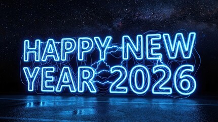 Happy New Year 2026 neon sign glowing bright blue lights celebration