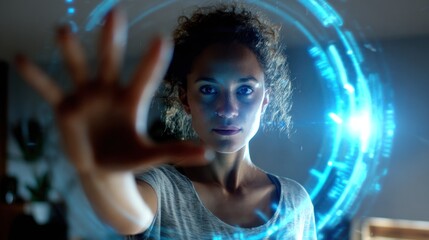 Woman interacts with bright blue holographic interface reaching forward.