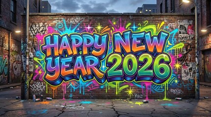 Happy new year 2026 painted graffiti art on brick wall with colorful spray paint.