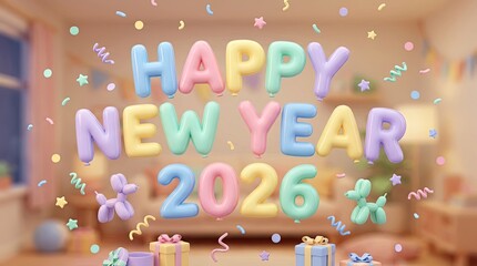 Happy new year 2026 balloons floating with confetti and balloon dogs.