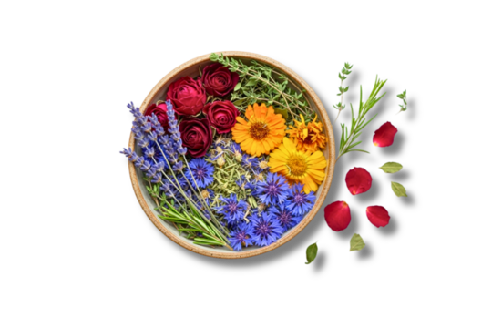 A round wooden bowl filled with a vibrant assortment of flowers and herbs.