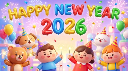 Happy new year 2026 celebration with children and animals holding sparklers.
